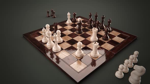 Animation with the wooden chess pieces standing on the shiny chessboard.