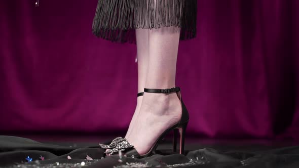 Woman's Legs in High Heels and Dress on the Background with Falling Sparkles alt