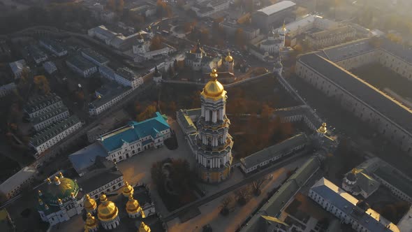 Bell Tower Kiev Pechersk Lavra at Sunset, Aerial
