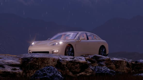 Luxury White Sports Car Parked in Mountainous and Rocky Area with Evening and Rain View