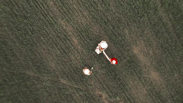 A Happy Family is Whirling Around in a Green Field Throwing Their Hats alt