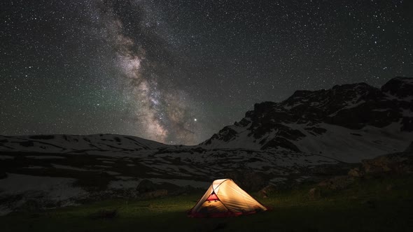 Time-lapse of Milky Way and a Tent in Mountains