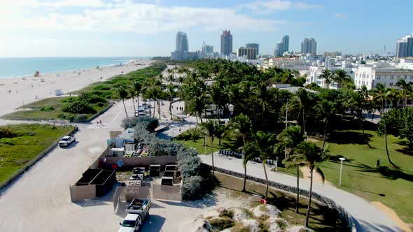 Flying Above Lummus Park At South Beach Neighborhood In Miami Beach, Florida. aerial drone alt