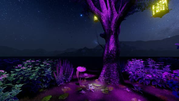 Illuminated Tree and Flower Garden Milky Way View