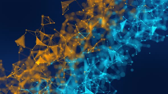 Background of orange and blue polygons and particles alt