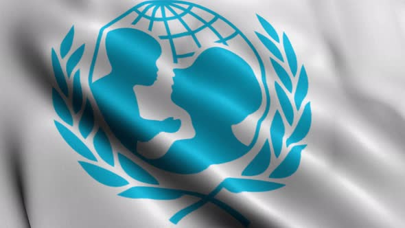 Realistic Fabric Texture Satin UNICEF Flag Background Video Waving in Wind alt