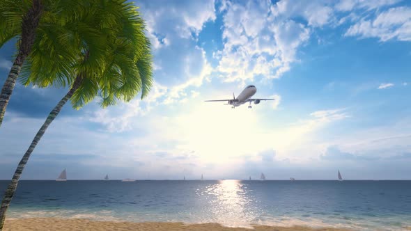 Airplane Flying Over Amazing Ocean Landscape With Tropical Island