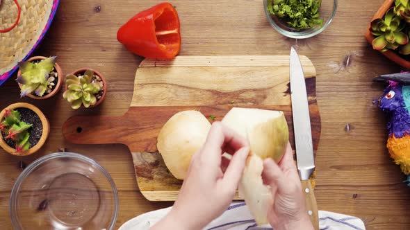 Flat lay. Step by step. Slicing vegetables for filling to make empanadas. alt
