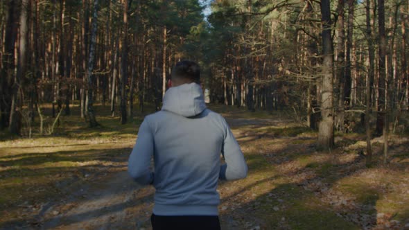 Young Man Is Jogging In Forest