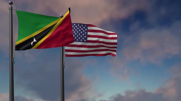 Saint Kitts And Nevis Flag Waving Along With The National Flag Of The USA - 4K alt