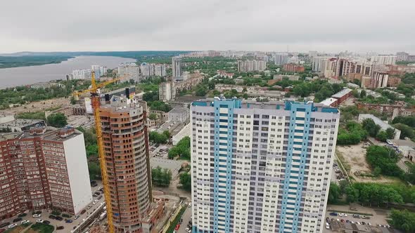 Aerial View of Samara City, Drone Flies Over Construction of Modern Houses