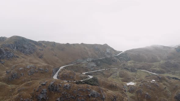 El cajas national park between cuanca and Guayaquil city in ecuador. High in the andes aerial shot alt