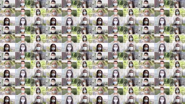 Compilation  Group of Multicultural People with Face Mask Looks at the Camera  Closeup alt