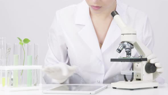 Microbiologist Works with Microscope Records Clinically Proven Results on Tablet