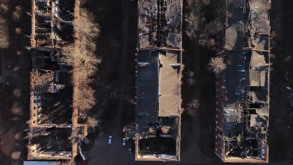 Aerial Footage of Bombing House Explosions Real War Damaged City and Destroyed Roofs of Highrise alt