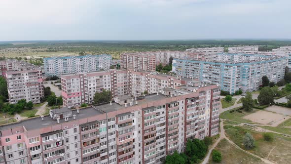 Aerial Panorama of Dwelling Blocks of Multistory Buildings Near Nature alt