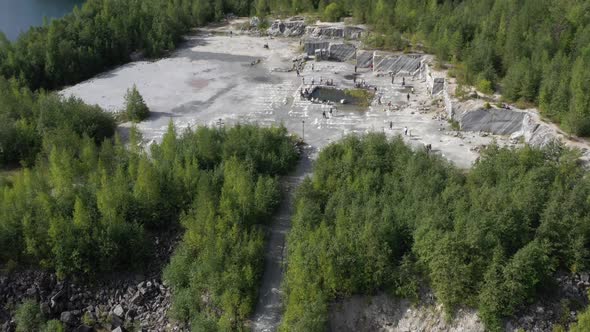 Panorama of Ruskeala Park, stones, forest, lake