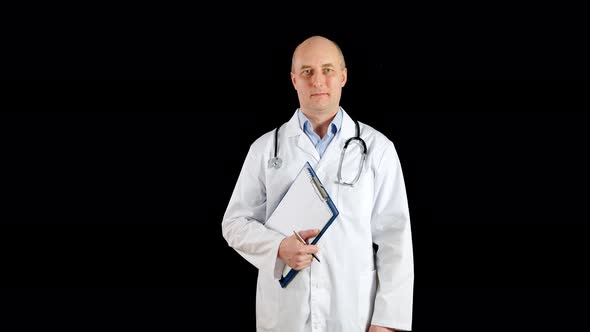Portrait Male Doctor in Medical Gown and Clip Board on Black Background. Practitioner in White Coat alt