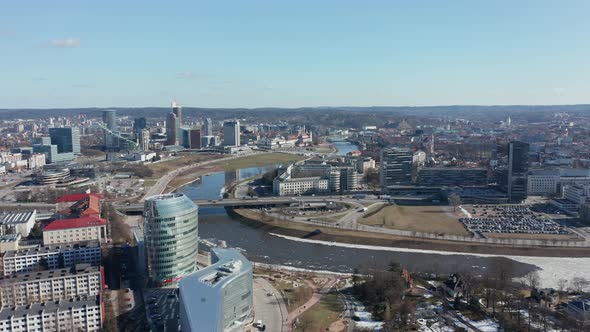 AERIAL: Reveal Shot of Vilnius city Panorama