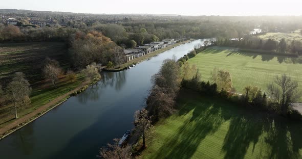 River Themes Oxford UK Boathouses Aerial View Autumn Season Colour Graded