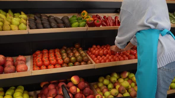 Female Worker Placing Tomatoes on Store Shelf alt