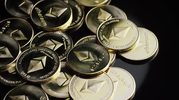 Rotating shot of Bitcoins (digital cryptocurrency) alt