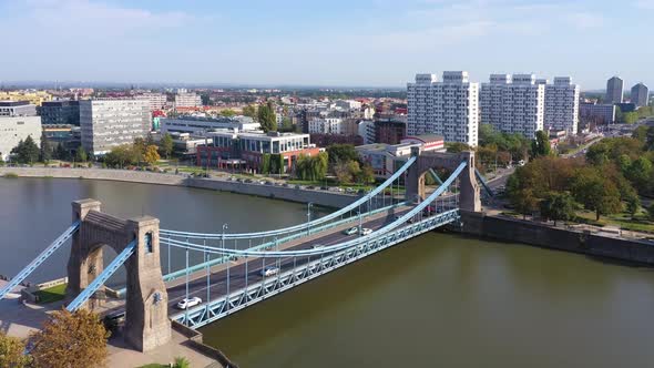 Aerial view of Grunwald Bridge in Wroclaw, Poland