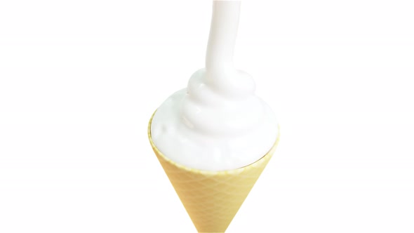 Pouring Whipped Cream. White gentle cream Down On Ice Cream Cone