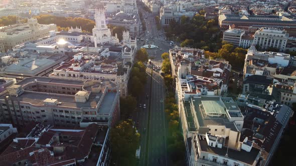 Drone View of Alcala Road and Cibeles Fountain in Madrid