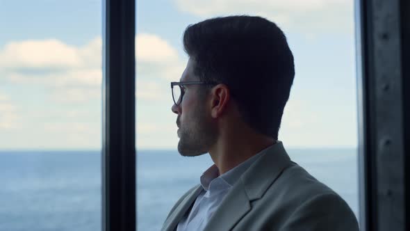 Successful Manager Thinking Business Planning at Office Panorama Window Closeup alt