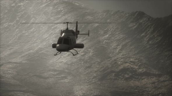 Extreme Slow Motion Flying Helicopter Near Mountains with Fog alt