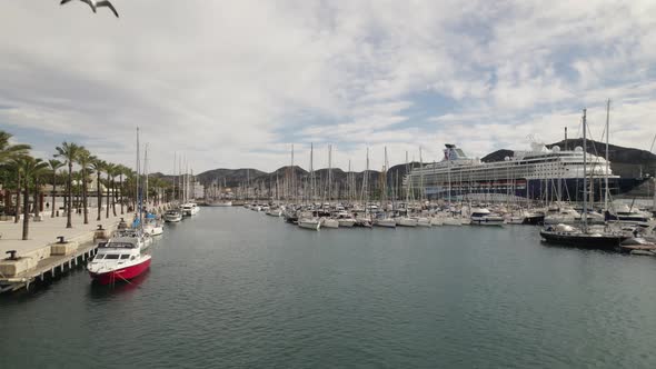 Yachts and motorboats docked at Cartagena Port and Cruise ship terminal, Spain