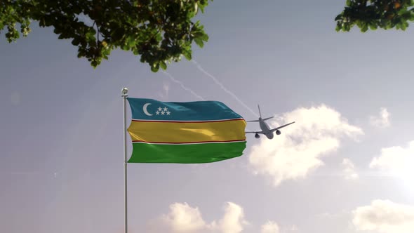 Karakalpak Stan Flag With Airplane And City -3D rendering alt