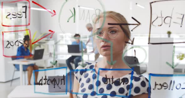 Young Businesswoman with Marker Drawing Chart on Glass Board alt