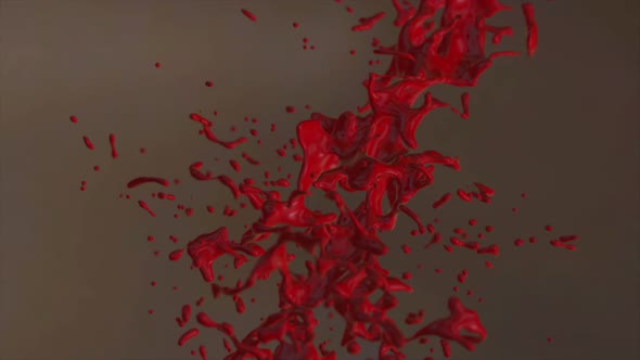 3D animation of red paint pouring out of a bucket