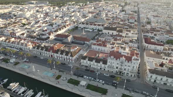 Aerial View Of Praça Marquês de Pombal In Vila Real de Santo Antonio From Marina. Parallax Shot alt