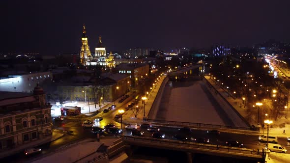 Aerial view on city traffic near Kharkiv Cathedral