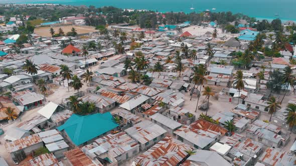 Aerial View African Slums Dirty House Roofs of Local Village Zanzibar Nungwi alt