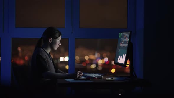 Portrait Woman Night of a Financial Analyst Working on Computer with Monitor Workstation with alt