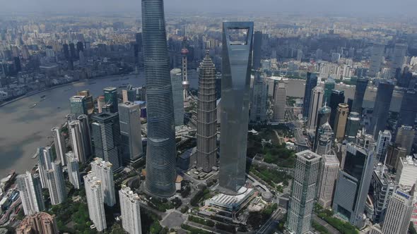 4K SHANGHAI, CHINA Aerial Pudong Towers FLY BACK