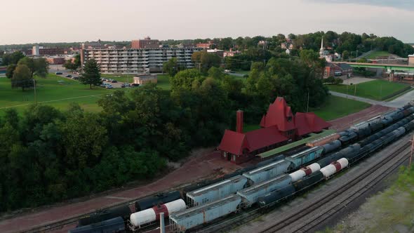 Keokuk Iowa Downtown Train Station Aerial 4K UHD