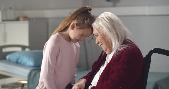 Side View Little Preteen Girl and Old Woman on Wheelchair Smiling and Touching Foreheads in Hospital alt