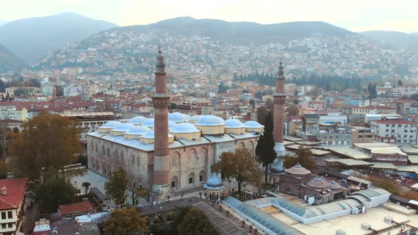 Aerial View of Bursa Historical Grand Mosque with Drone