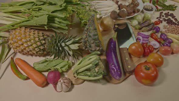 Top View Various Vegetabl On A Table. alt