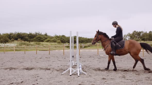 Woman Riding Horse And Jumping Over Fence In Paddock alt