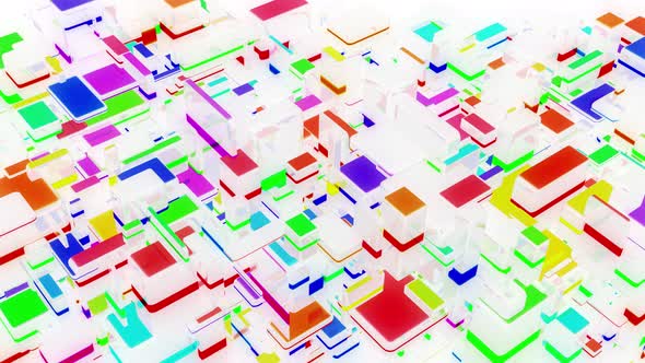 Abstract Looped Light Background with Network of Different Sizes White Bloks Some with Multicolor alt