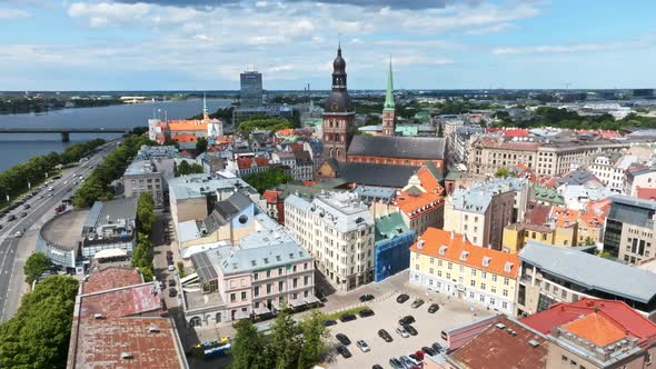 Aerial View of the Riga Rooftop View Panorama on a Sunny Day Architectures and Daugava River alt