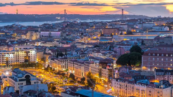 Lisbon After Sunset Aerial Panorama View of City Centre with Red Roofs at Autumn Day To Night alt