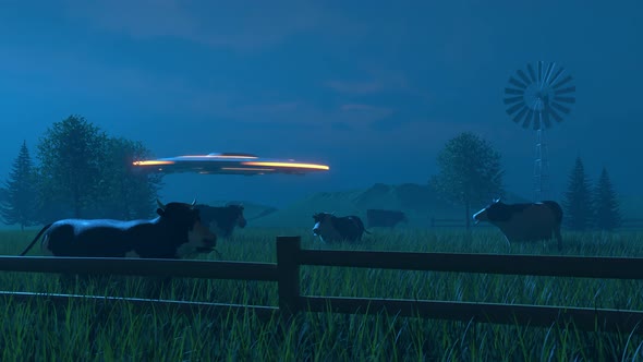Flying saucer landing on the grassy meadow full of cows. Animal abduction. 4K alt