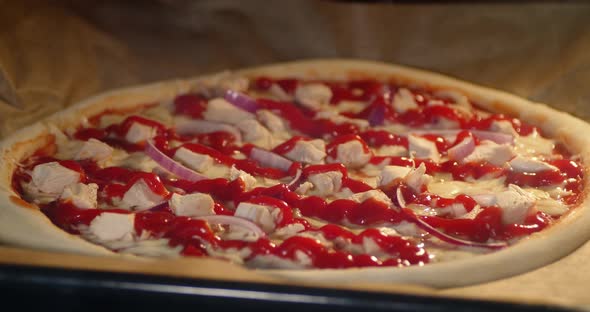 Timelapse Barbecue Pizza with Chicken and Onions Baked. alt